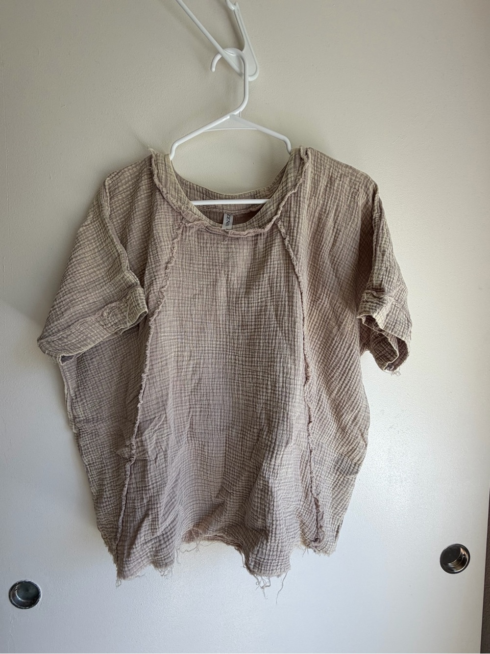 Zenana Outfitters Taupe Gauze Short Sleeve Top